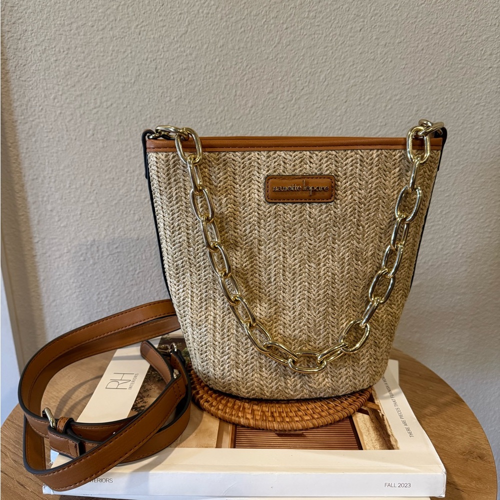 Nanette Lepore Straw Bucket Bag with Leather Accents and Gold Chain
Strap
